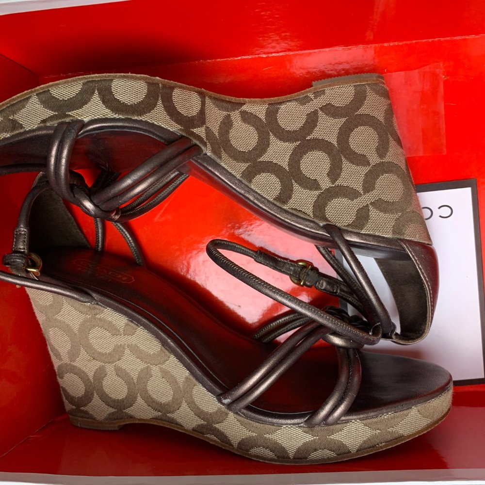 Brown Metallic Bronze Signature C Wedge Sandals